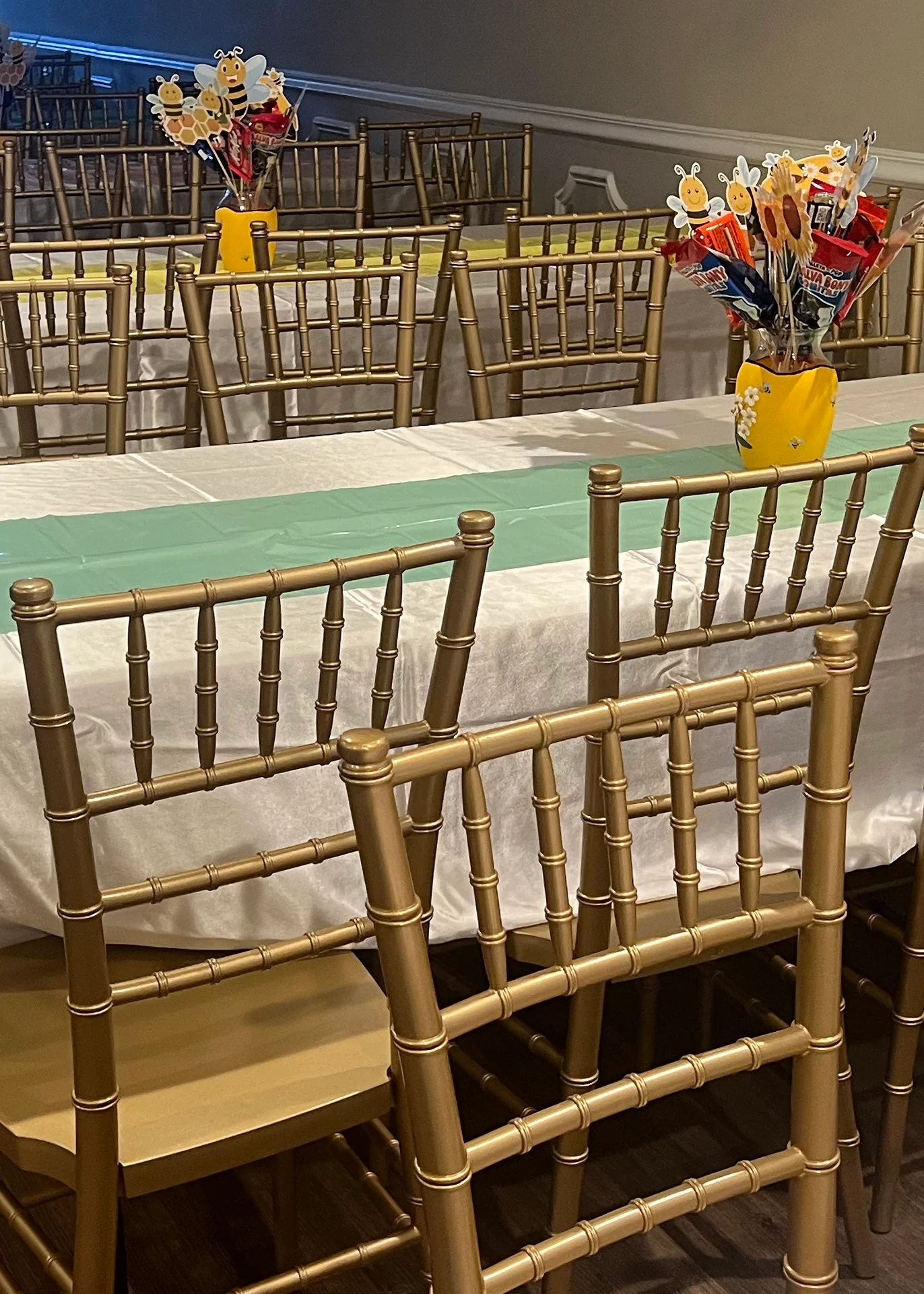 Tables set for an event in the party hall at Ali Baba’s Kitchen in Hamden