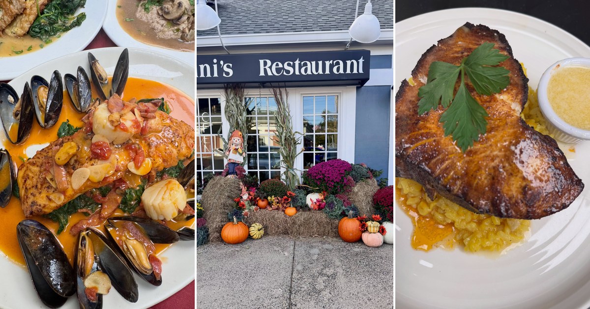 Bellini’s in North Haven: a salmon and mussels special, the fall-decorated Bellini’s Restaurant storefront at 2 Broadway, and blackened swordfish over saffron risotto