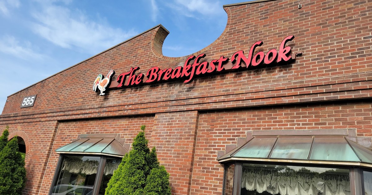The Breakfast Nook sign with its rooster logo on the brick building at 565 Washington Ave. in North Haven