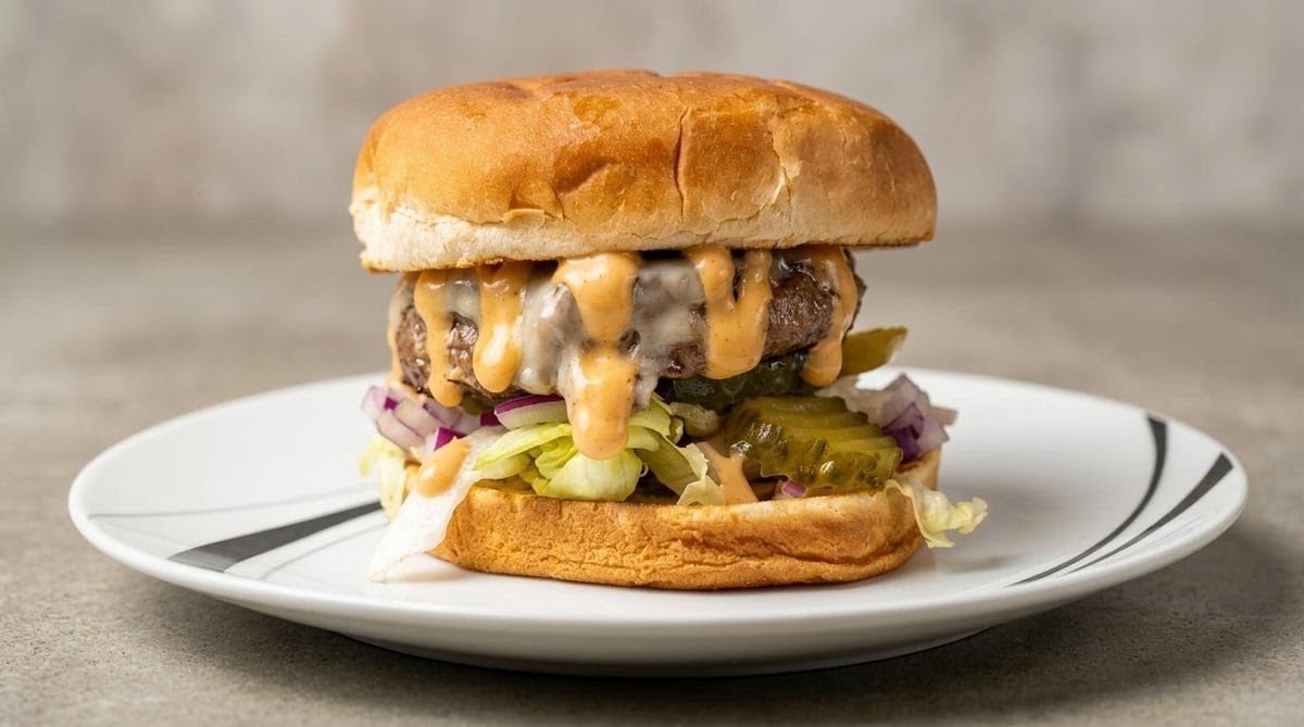 The cheese-stuffed Get Stuffed Burger with lettuce, red onion, pickles and Boom sauce at CT Chowder Co.