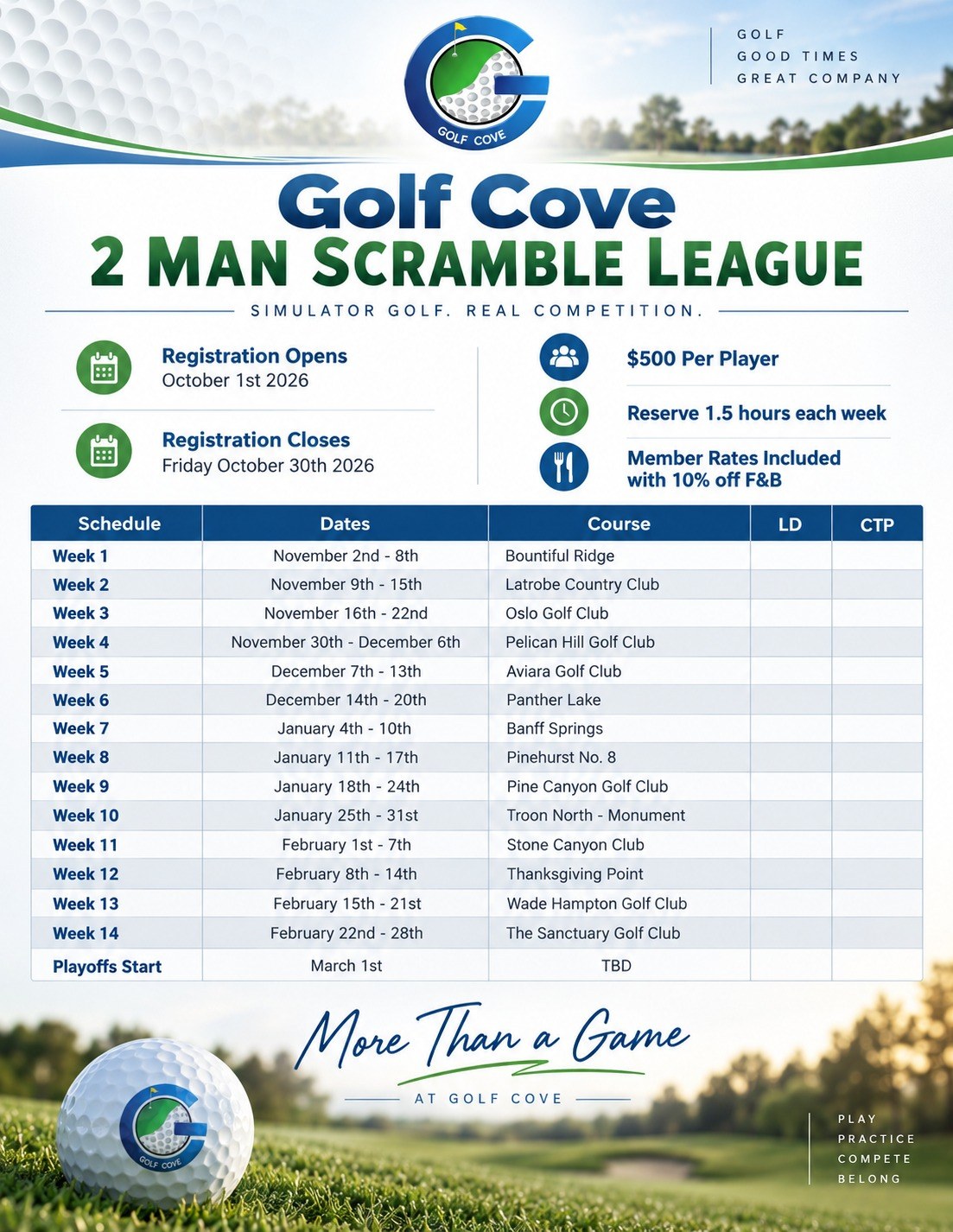 Golf Cove's 2 Man Scramble League flyer listing weekly courses from November through February