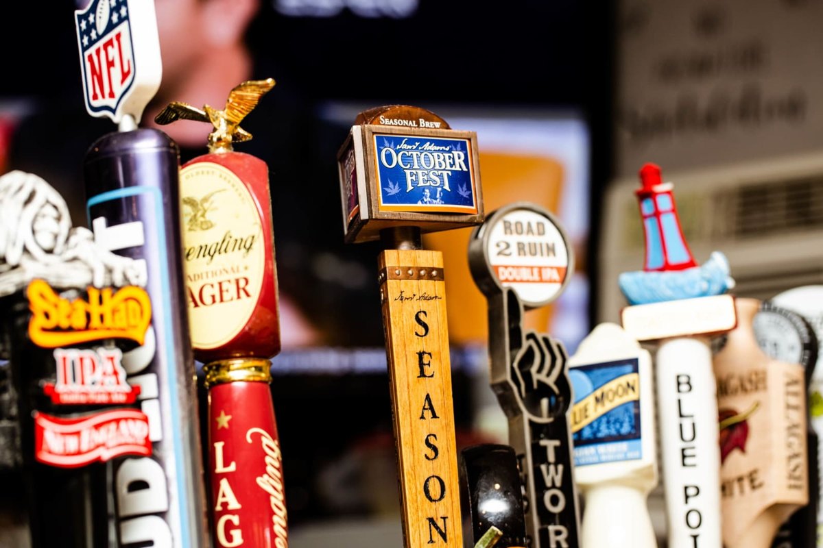 Beer tap handles behind the bar at the Hard Hat Cafe in North Haven