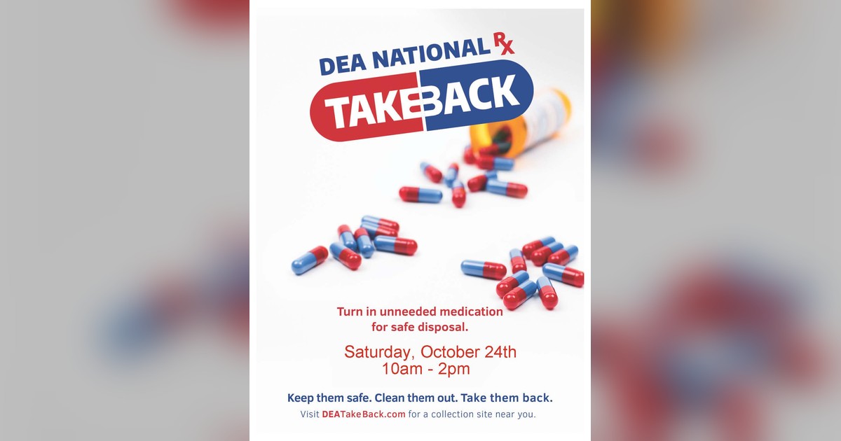 The DEA National Rx Take Back poster for Saturday, Oct. 24, 10 a.m. to 2 p.m., posted by the Town of North Haven
