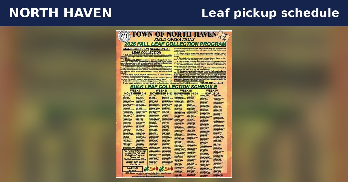 North Haven leaf pickup schedule card showing the town 2026 fall leaf collection flyer