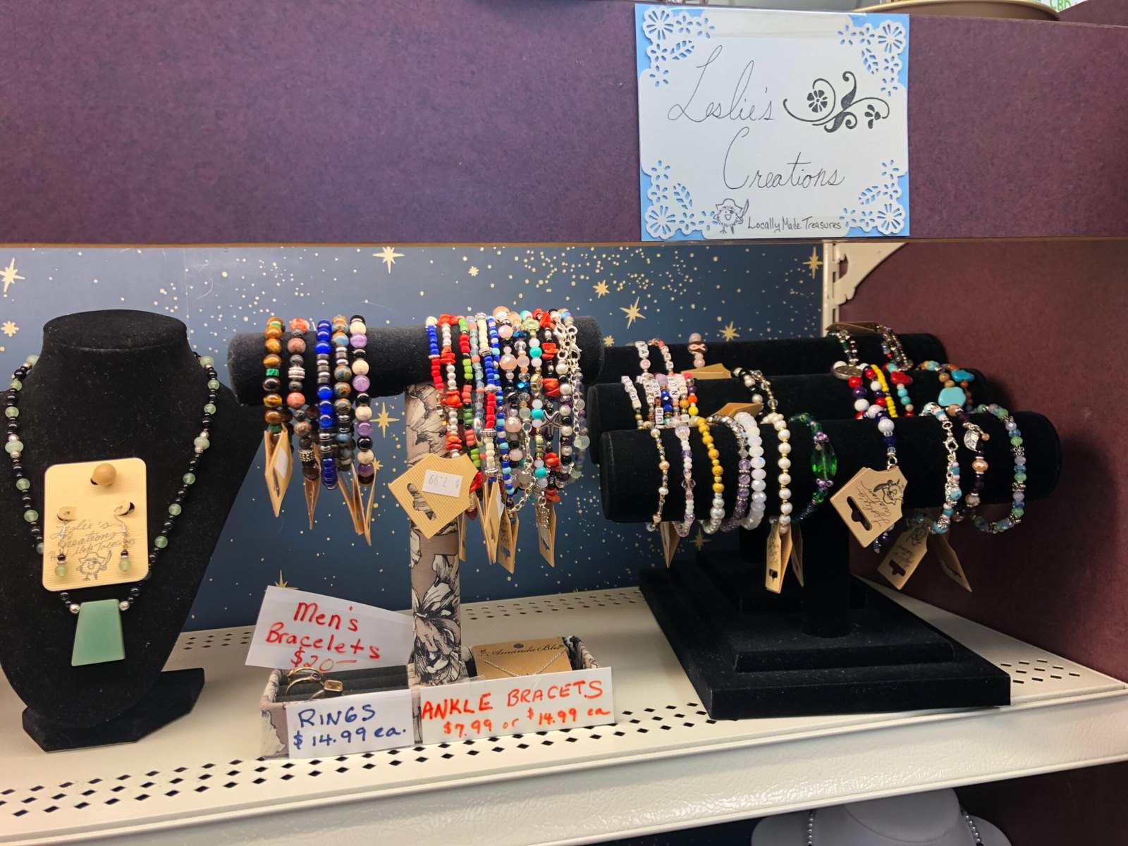 Beaded jewelry on display at North Haven Pharmacy