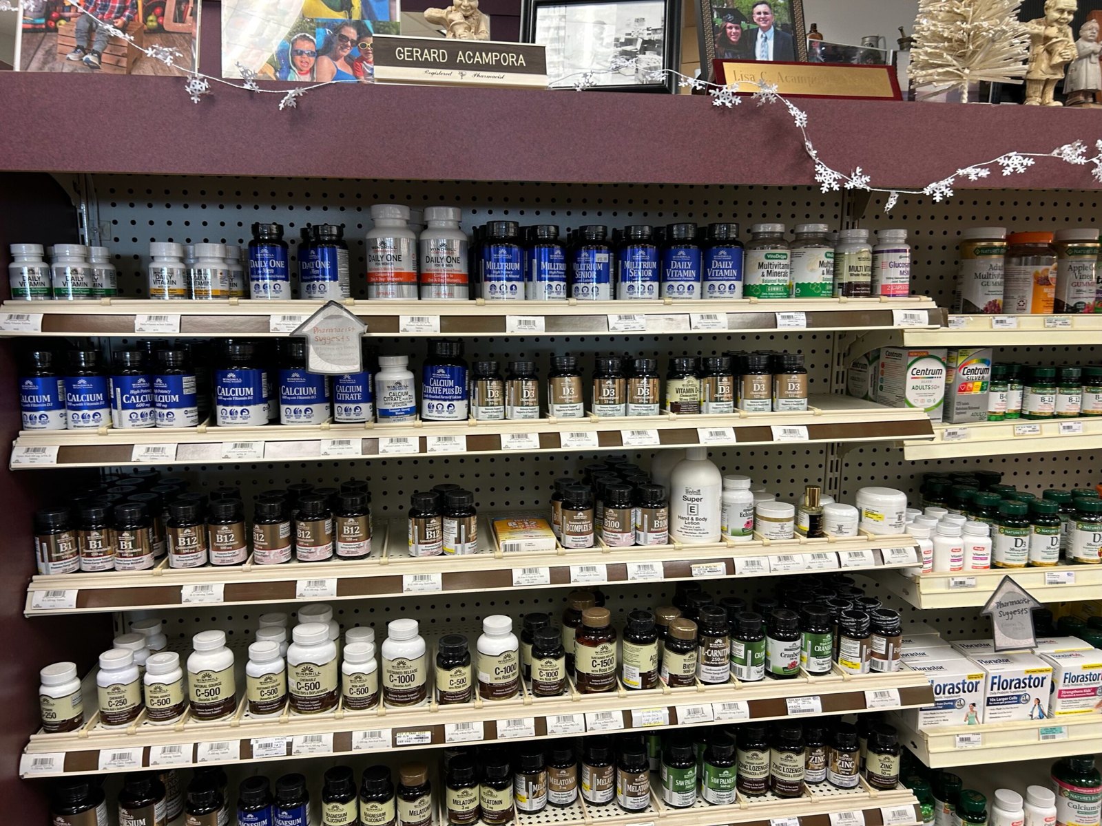 Vitamins and supplements on the shelves at North Haven Pharmacy