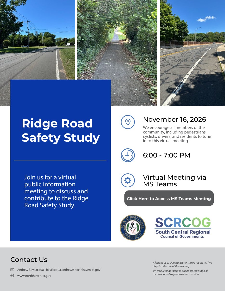 Town of North Haven and SCRCOG flyer for the Ridge Road Safety Study virtual public information meeting on Nov. 16, 2026, from 6 to 7 p.m. on Microsoft Teams, with photos of Ridge Road