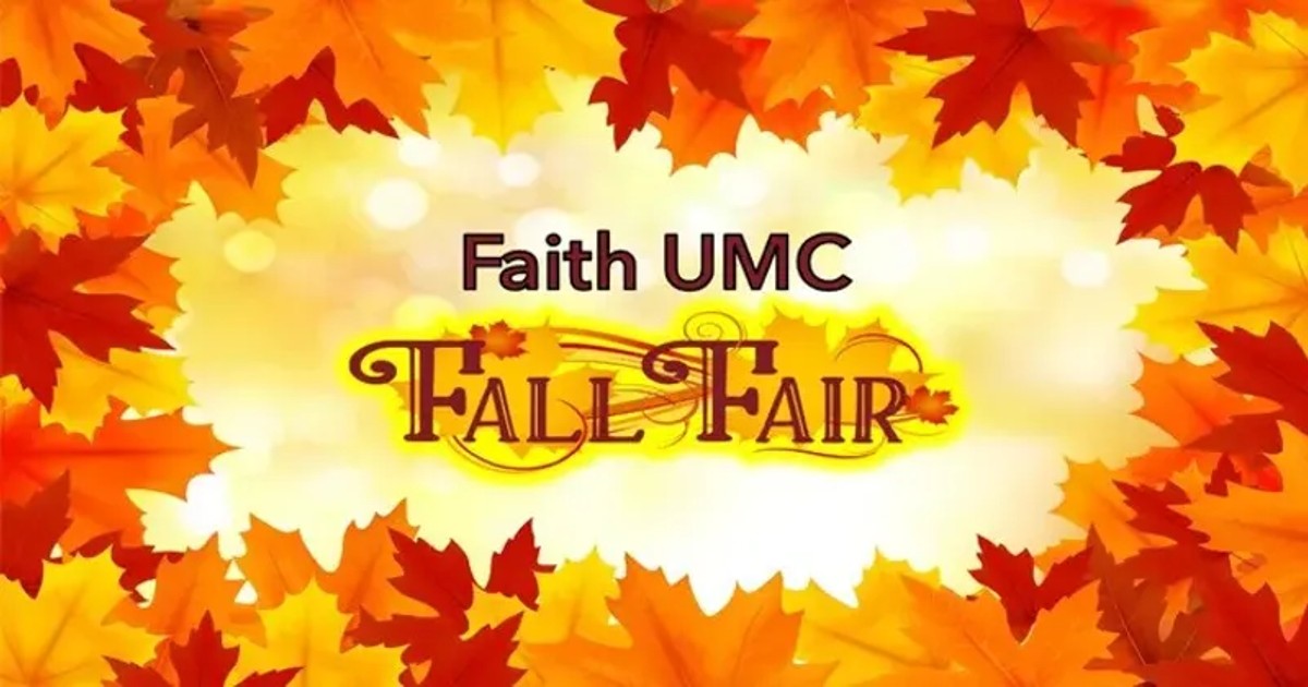 Faith UMC Fall Fair graphic framed by autumn leaves