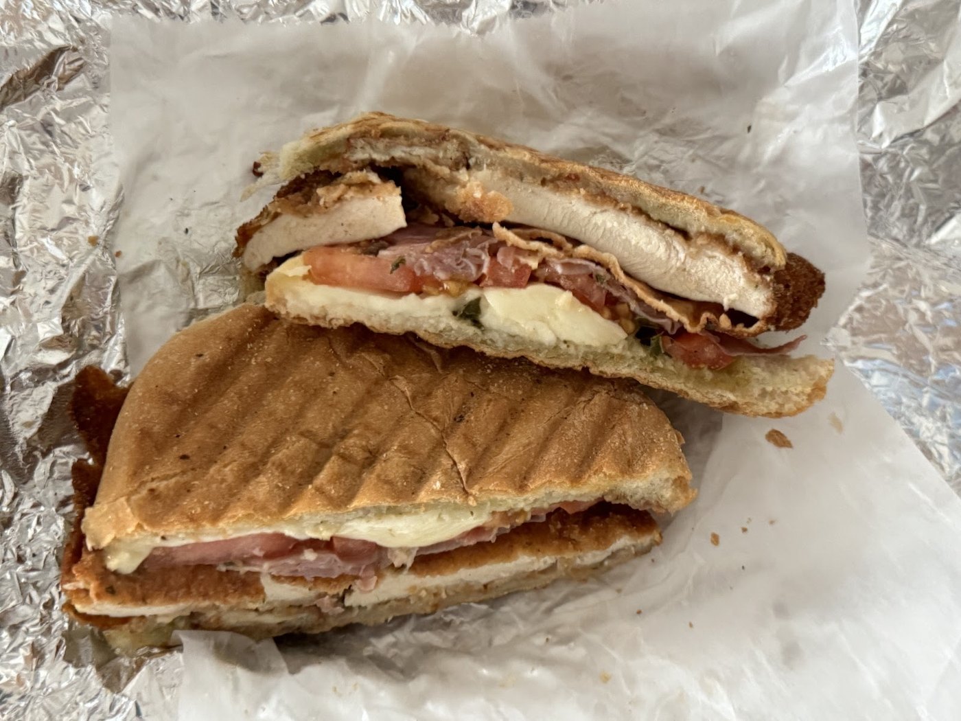 The 3.1 Panini at Stellato’s Deli, a pressed chicken cutlet sandwich with prosciutto, mozzarella and tomato